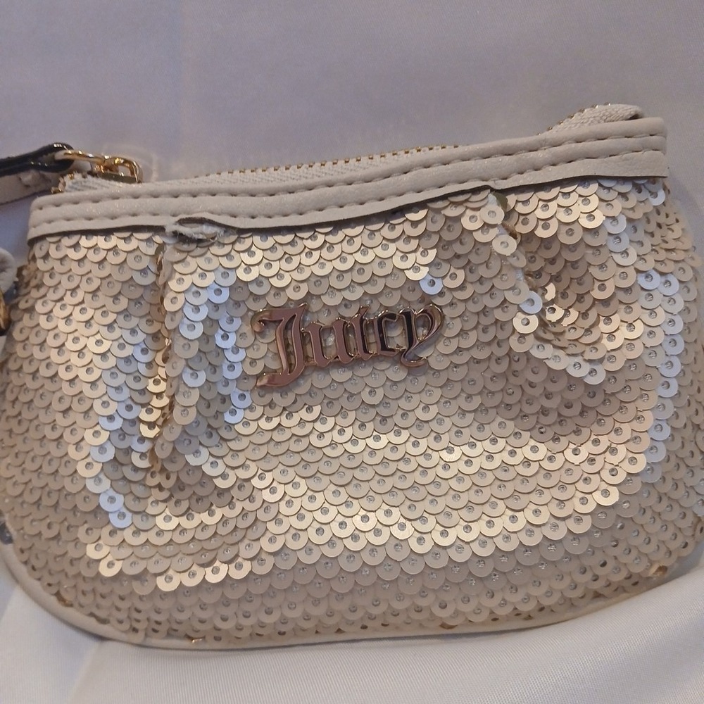 Juicy Couture‎ Y2K Sequin Wristlet Bag Off White Logo Glam Mini Purse Bling - Picture 2 of 15